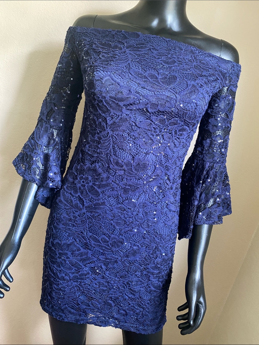 Teeze Me Navy Lace Sequin Off Shoulder Ruffle Long Sleeve Dress